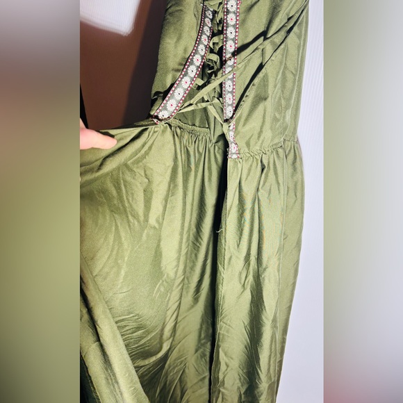Olive Green Lace-Up Midi/wrap Dress | Boho Cottagecore Tie Strap Dress - Picture 3 of 3